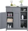 A gray bathroom cabinet with its doors open, displaying various toiletries and towels. Produktbild-Vorschau