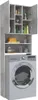 A washing machine cabinet with shelves filled with cleaning supplies and containers, placed above a washing machine. Náhled obrázku produktu