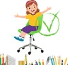 A young girl is sitting on a green office chair with her arms outstretched, next to a large green checkmark. Below the chair, there is a collection of art supplies. Voir les images du produit