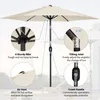 A cream-colored patio umbrella with various features highlighted by callouts and text. Voir les images du produit