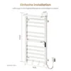 A white electric towel warmer with multiple bars and hooks, shown with dimensions indicated. Anteprima dell’immagine prodotto