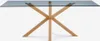 A table with a glass top and wooden legs against a white background. Anteprima dell’immagine prodotto