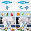 A collage showing a vegetable slicer in use and demonstrating its slicing and strip-cutting capabilities with various vegetables. Voir les images du produit