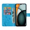 A blue flip wallet case for a smartphone, with credit cards and a banknote inserted. Produktbild-Vorschau