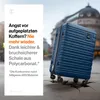 A blue suitcase is shown cracking the ground, with text on the left highlighting its durability. Produktbild-Vorschau