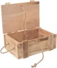 An open wooden storage box with rope handles and a rope attached to the lid. Voir les images du produit