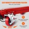 Close-up of a red hydraulic scissor lift table's wheels and frame, with marketing text highlighting features. Voir les images du produit