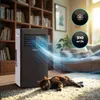 A portable air conditioner is shown in a living room setting with a cat lying on the carpet in front of it. The air conditioner is emitting a cool breeze effect. Produktbild-Vorschau