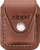 A close-up, front-facing view of a brown leather Zippo lighter pouch. Produktbild-Vorschau