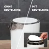 A split image showing a white trash can with a black trash bag. The left side shows the trash bag hanging over the rim without a ring, and the right side shows the trash bag secured by a ring, with a close-up inset of a hand placing the lid on. Náhled obrázku produktu