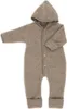 A baby overall with a hood and wooden buttons, laid flat against a white background. Produktbild-Vorschau