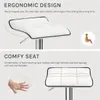 Two sections of an image showcasing a white bar stool, with text describing its ergonomic design and comfortable seat. Produktbild-Vorschau
