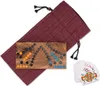 A wooden Tock game board with blue and orange playing pieces, a red drawstring bag, and a fanned deck of playing cards, all arranged on a white background. Produktbild-Vorschau