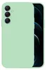 A light green phone case is shown from the back, with the phone's camera array visible on the left side. The right side of the image shows a dark, abstract background with curved lines, possibly representing a phone screen. Produktbild-Vorschau