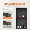 A black recessed shower niche with shelves, displaying bottles of soap and diffuser sticks, set against a tiled wall. The image also includes comparison graphics highlighting the product's waterproof features. Podgląd zdjęcia produktu