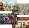 A collage of painted scenes, likely theatrical backdrops, depicting a village, a forest path, a gingerbread house, and a building facade. Anteprima dell’immagine prodotto