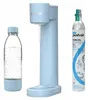 A light blue water carbonator, a clear bottle with water, and a CO2 cylinder are arranged on a white background. Podgląd zdjęcia produktu