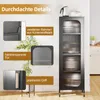 A tall, narrow kitchen cabinet with glass doors, showcasing kitchenware inside, with feature callouts on the left. Podgląd zdjęcia produktu