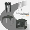 A collage of images showing a folded and assembled gazebo, with text indicating ease of assembly. Produktbild-Vorschau