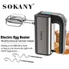 A SOKANY electric egg beater and its accessories against a white background, with text describing its features. Náhled obrázku produktu