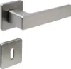 A door handle and keyhole plate set, made of brushed nickel, are displayed against a white background. Produktbild-Vorschau
