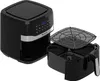 A black air fryer with its basket and rack detached, shown against a white background. Produktbild-Vorschau