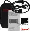 A flat lay of a car diagnostic tool kit, including a carrying case, cables, a user manual, and an SD card. Produktbild-Vorschau