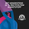 Close-up of a blue and pink headset with a purple strap, featuring text about recycled content and a certification badge. Náhľad obrázku produktu