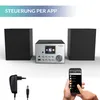 A stereo system with speakers, a power adapter, and a smartphone displaying an app. Anteprima dell’immagine prodotto