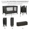 A collage of images showing a travel crib in different stages of assembly and storage, with accompanying numbers and German text. Náhled obrázku produktu