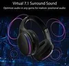 A pair of black gaming headphones with purple accents, set against a dark, abstract background with glowing blue lines and purple rings. Náhled obrázku produktu