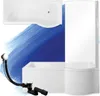 A collage of bathroom fixtures including bathtubs and a drain assembly, set against a blue watercolor-like background. Produktbild-Vorschau