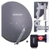 A collage showing a satellite dish, mounting brackets, and an LNB. Produktbild-Vorschau