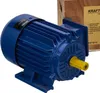 A blue electric motor is shown in front of a wooden box with product information. Voir les images du produit