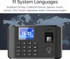 A close-up marketing image of a biometric fingerprint attendance machine with a world map graphic in the background. Podgląd zdjęcia produktu