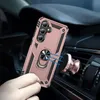 A hand holding a rose gold phone case with a ring holder, near a car's air vent with a magnetic car mount. Produktbild-Vorschau