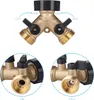 A brass Y-shaped hose splitter with black handles and caps, shown from multiple angles. Produktbild-Vorschau