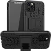 A black protective phone case with a tire tread pattern and a kickstand is shown from multiple angles. Produktbild-Vorschau