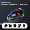 A motorcycle helmet communication device with a display screen and colorful LED lights, shown above a row of different helmet types. Podgląd zdjęcia produktu
