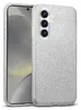 A silver glitter phone case is shown on a light gray background, with a portion of a smartphone visible. Produktbild-Vorschau