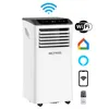 A white portable air conditioner with a black top, shown on a white background with several icons to the right indicating its features. Voir les images du produit