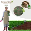 A woman gardener holding a plant stands next to a display of woven garden edging of varying heights, with labels indicating measurements. Produktbild-Vorschau