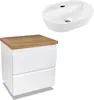 A white oval sink sits atop a white two-drawer cabinet with a wooden top. Voir les images du produit