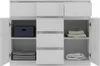 A white cabinet with doors open, showing shelves with folded towels and a blue storage box. Anteprima dell’immagine prodotto