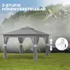 A gray gazebo with curtains is set up on a grassy lawn, with trees and a tent in the background. Produktbild-Vorschau