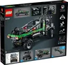 The back of a LEGO Technic 4x4 Mercedes-Benz Zetros Offroad-Truck box, showing the assembled model and various feature callouts. Produktbild-Vorschau