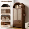 A wooden cabinet with woven doors and drawers, featuring detailed close-ups of its design elements. Anteprima dell’immagine prodotto