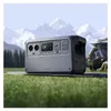 A portable power station is set up on a mat in a grassy area with mountains and trees in the background. A car is parked nearby with two people sitting in the open trunk. Náhled obrázku produktu