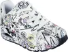 A single white sneaker with a black sole, covered in a black and white doodle-like pattern with some colored accents. Produktbild-Vorschau
