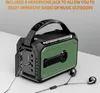 A green and black emergency radio with a handle and solar panel on top. Earbuds are plugged into the side. Podgląd zdjęcia produktu